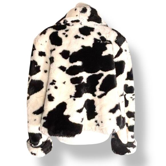 Vintage 90s Black White Western Coat Cow Print Cropped Fleece Faux Fur Jacket - Picture 4 of 10